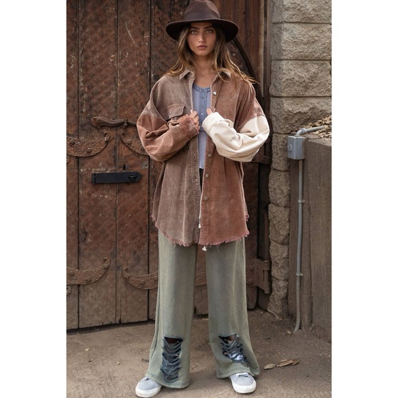 POL Patchwork Corduroy Jacket in Brown and Cream - Picture 2 of 8